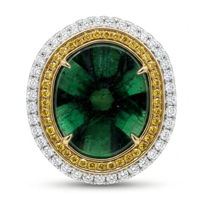 14K 7.12ct Trapiche Emerald 0.85cttw Yellow & White Diamonds Ring