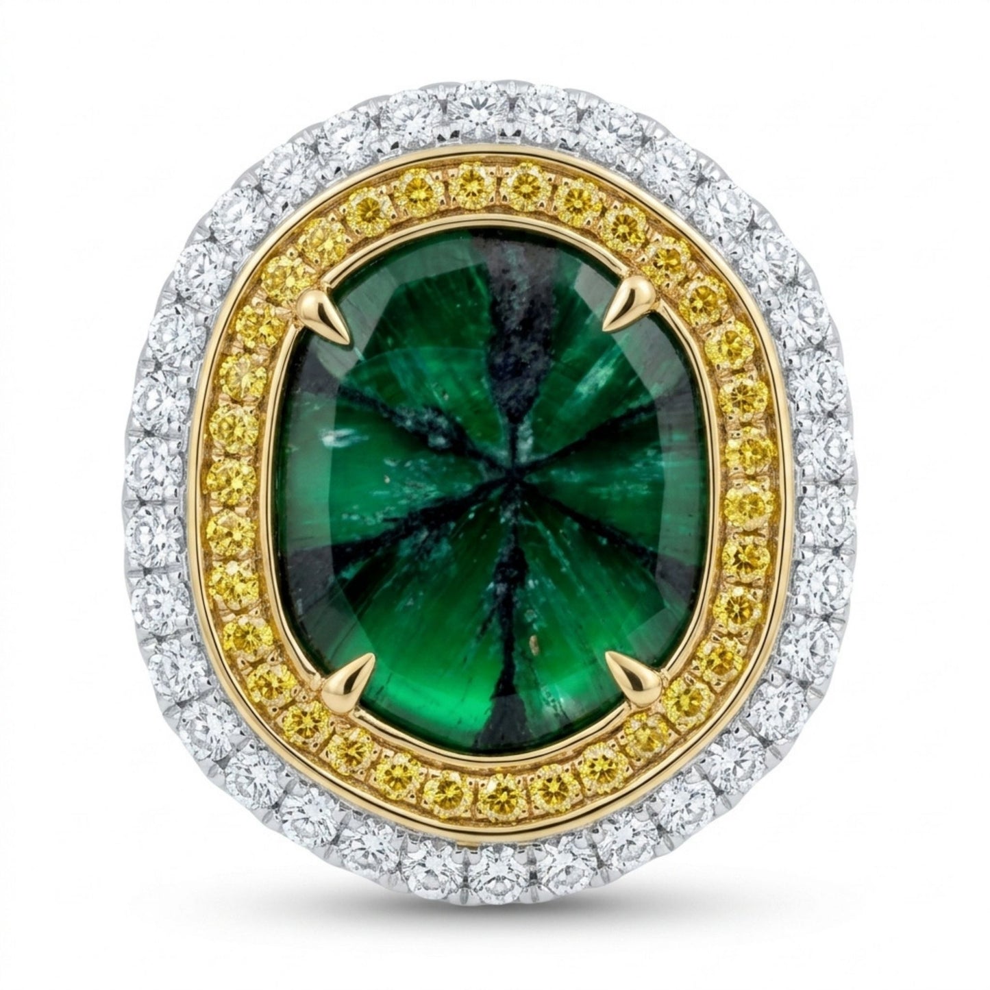 14K 5.11ct Trapiche Emerald 0.75cttw Yellow & White Diamonds Ring