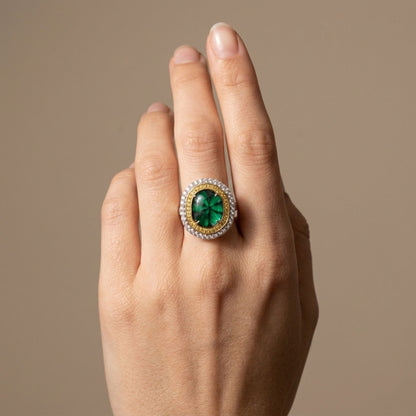 14K 5.11ct Trapiche Emerald 0.75cttw Yellow & White Diamonds Ring