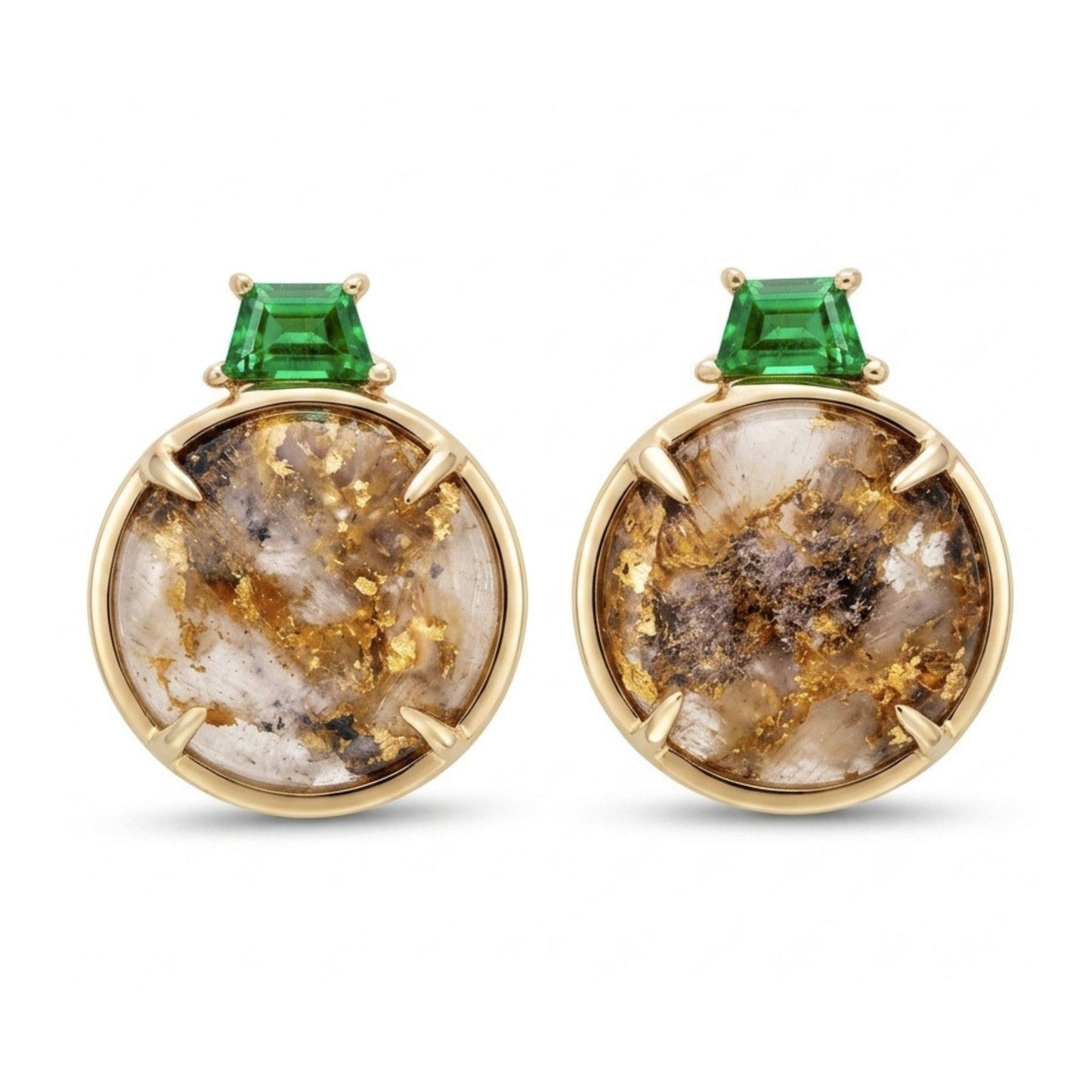 14K 10.90cttw Round Natural Gold Quartz 0.50cttw Fancy Cut Tsavorite Stud Earrings
