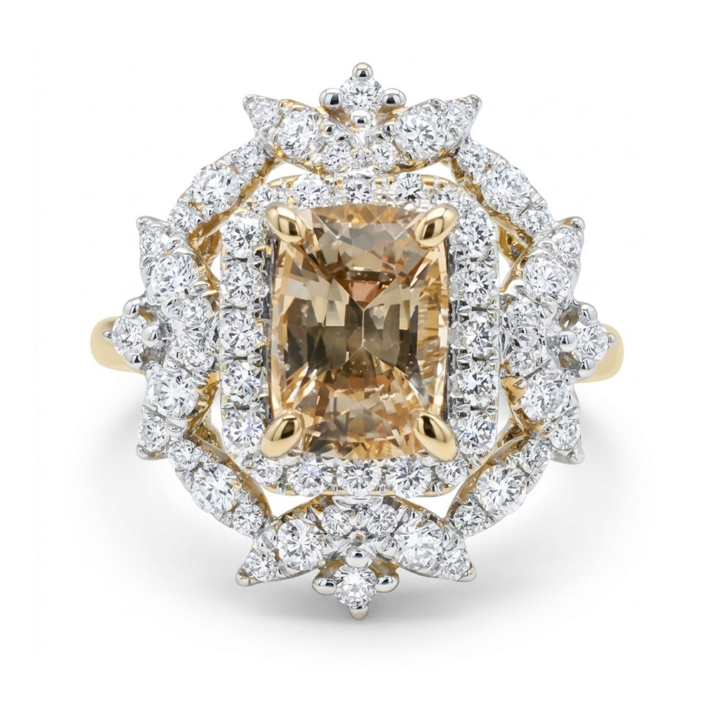 14K 1.96ct Cushion Unheated Orange Yellow Sapphire 0.76cttw VS White Diamonds Ring