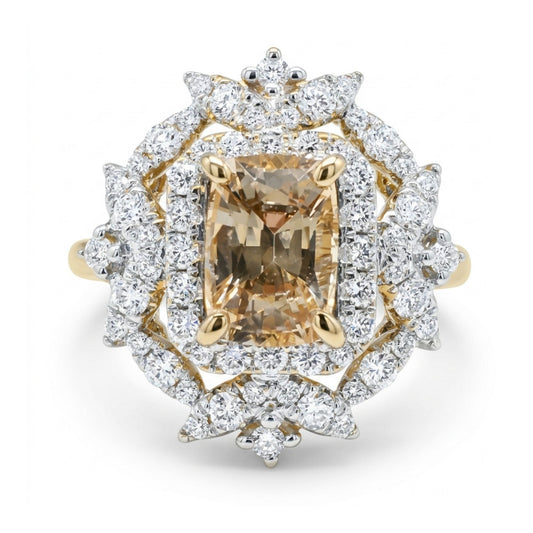 14K 1.96ct Cushion Unheated Orange Yellow Sapphire 0.76cttw VS White Diamonds Ring