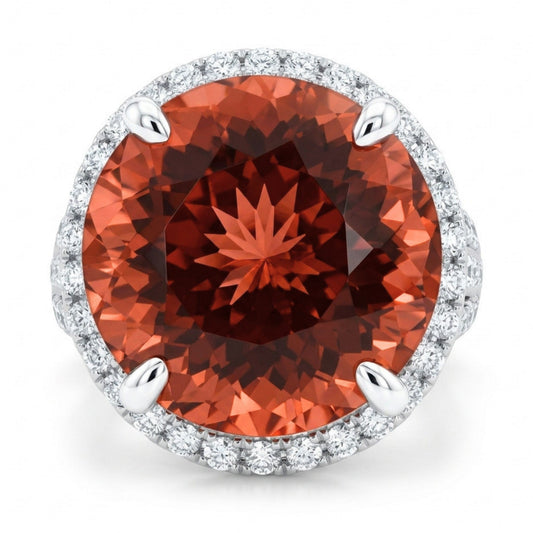 18K 10.11ct Round Orange Tourmaline 1.32cttw VS White Diamonds Ring