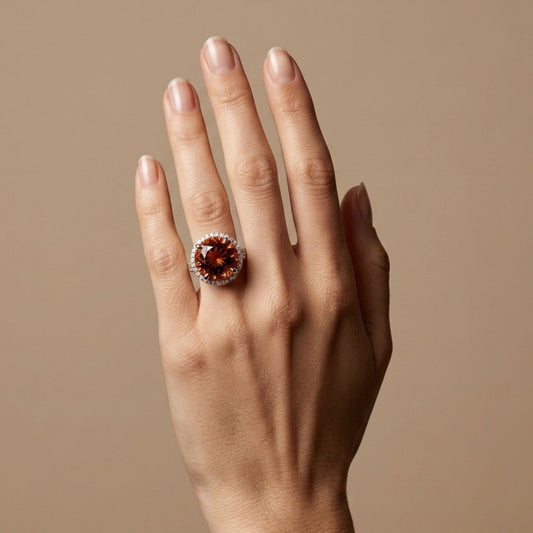 18K 10.11ct Round Orange Tourmaline 1.32cttw VS White Diamonds Ring