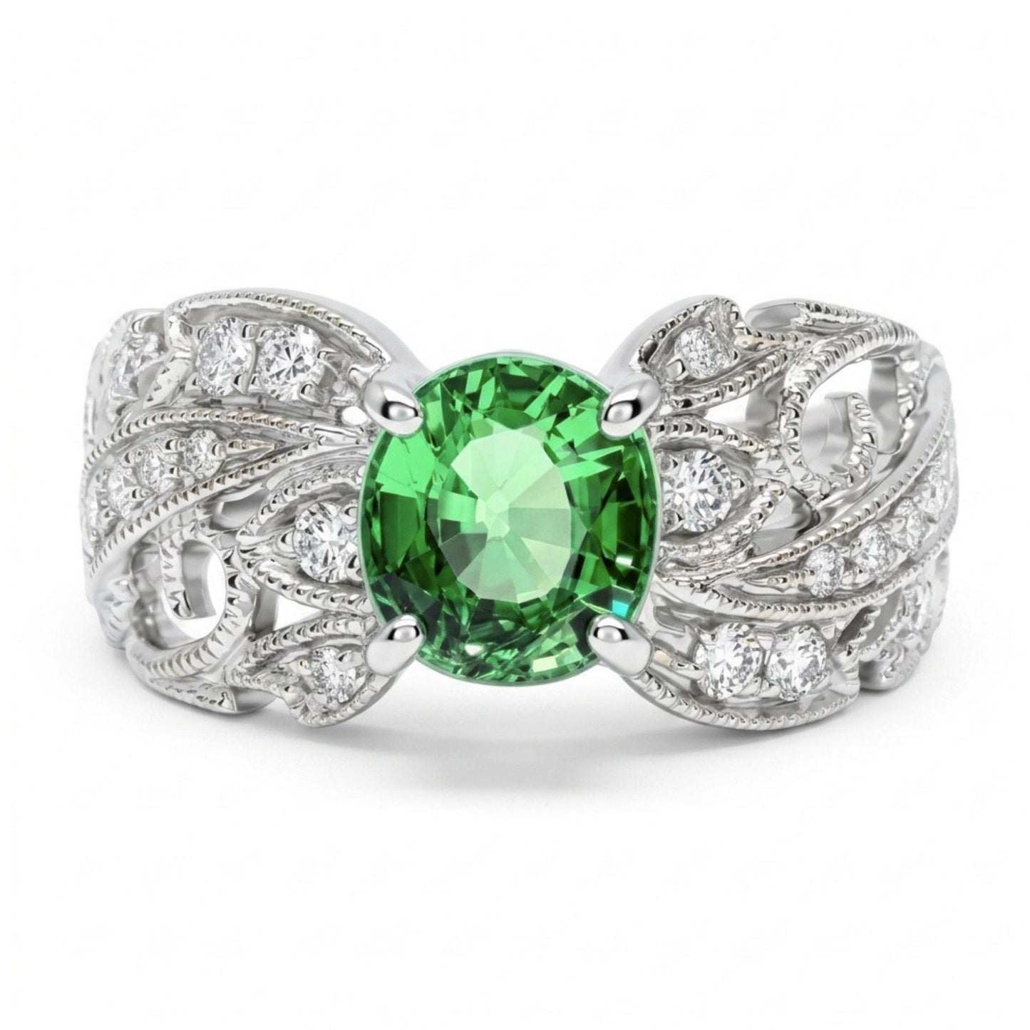 14K 1.12ct Oval Tsavorite 0.21cttw VS White Diamonds Ring