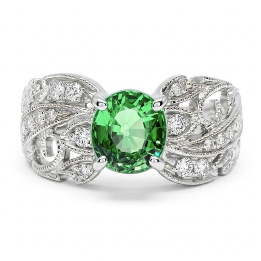 14K 1.12ct Oval Tsavorite 0.21cttw VS White Diamonds Ring