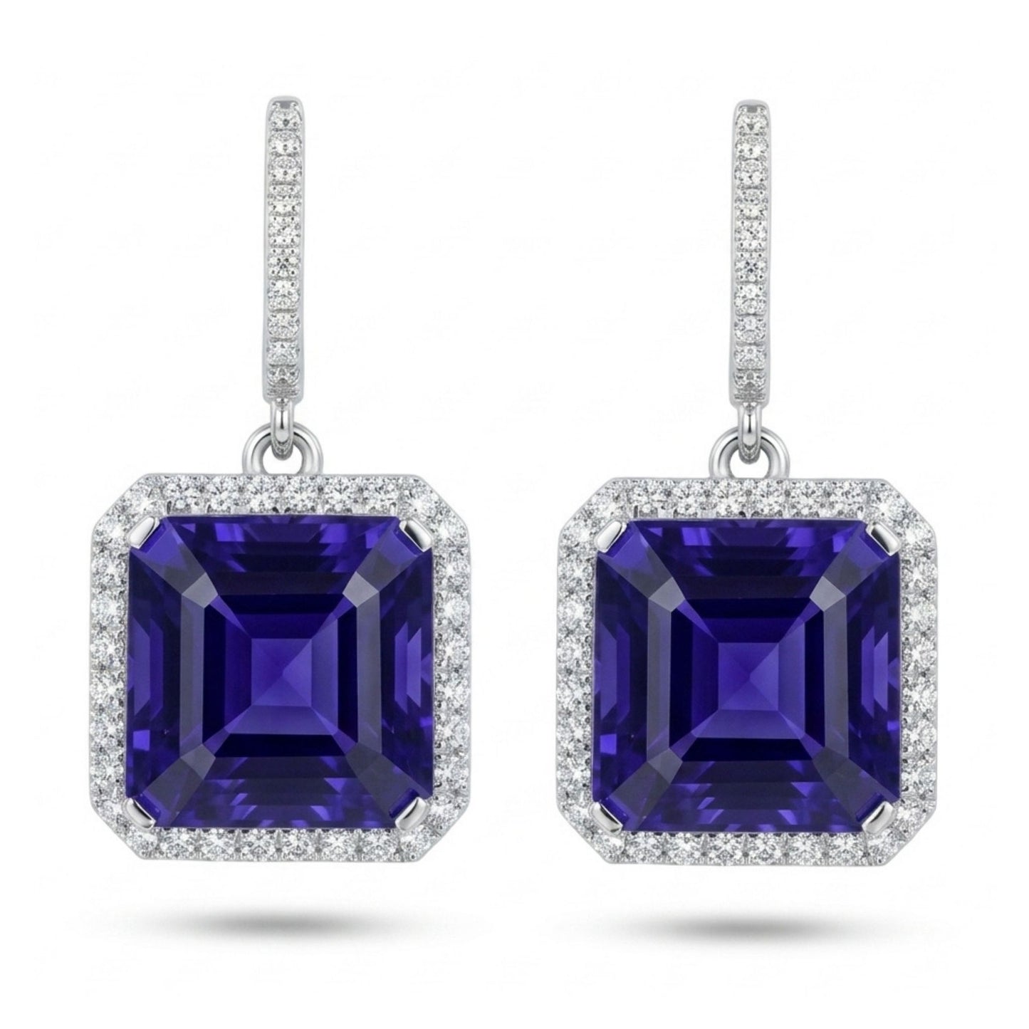 18K 32.57cttw Asscher Cut Blue Wing Tanzanite 1.35cttw VS White Diamonds Drop Earrings