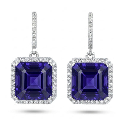 18K 32.57cttw Asscher Cut Blue Wing Tanzanite 1.35cttw VS White Diamonds Drop Earrings