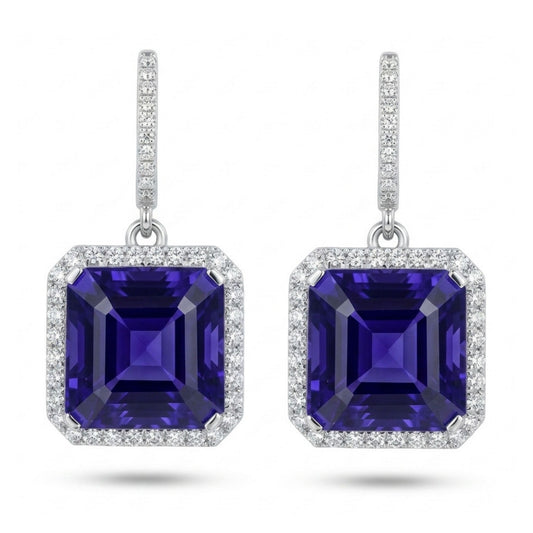 18K 32.57cttw Asscher Cut Blue Wing Tanzanite 1.35cttw VS White Diamonds Drop Earrings