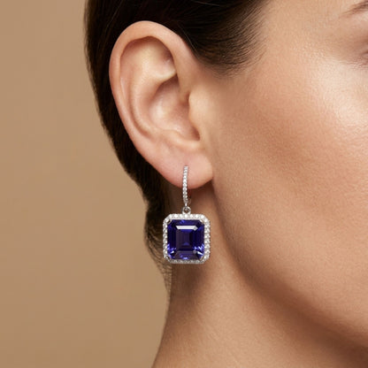 18K 32.57cttw Asscher Cut Blue Wing Tanzanite 1.35cttw VS White Diamonds Drop Earrings