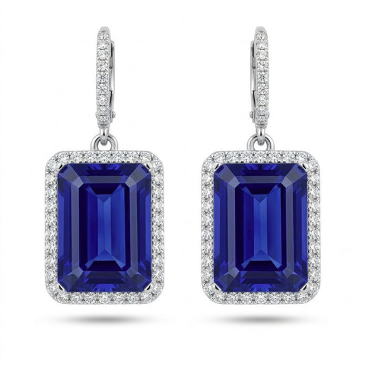 18K 26.64cttw Emerald Cut Blue Wing Tanzanite 1.43cttw VS White Diamonds Drop Earrings