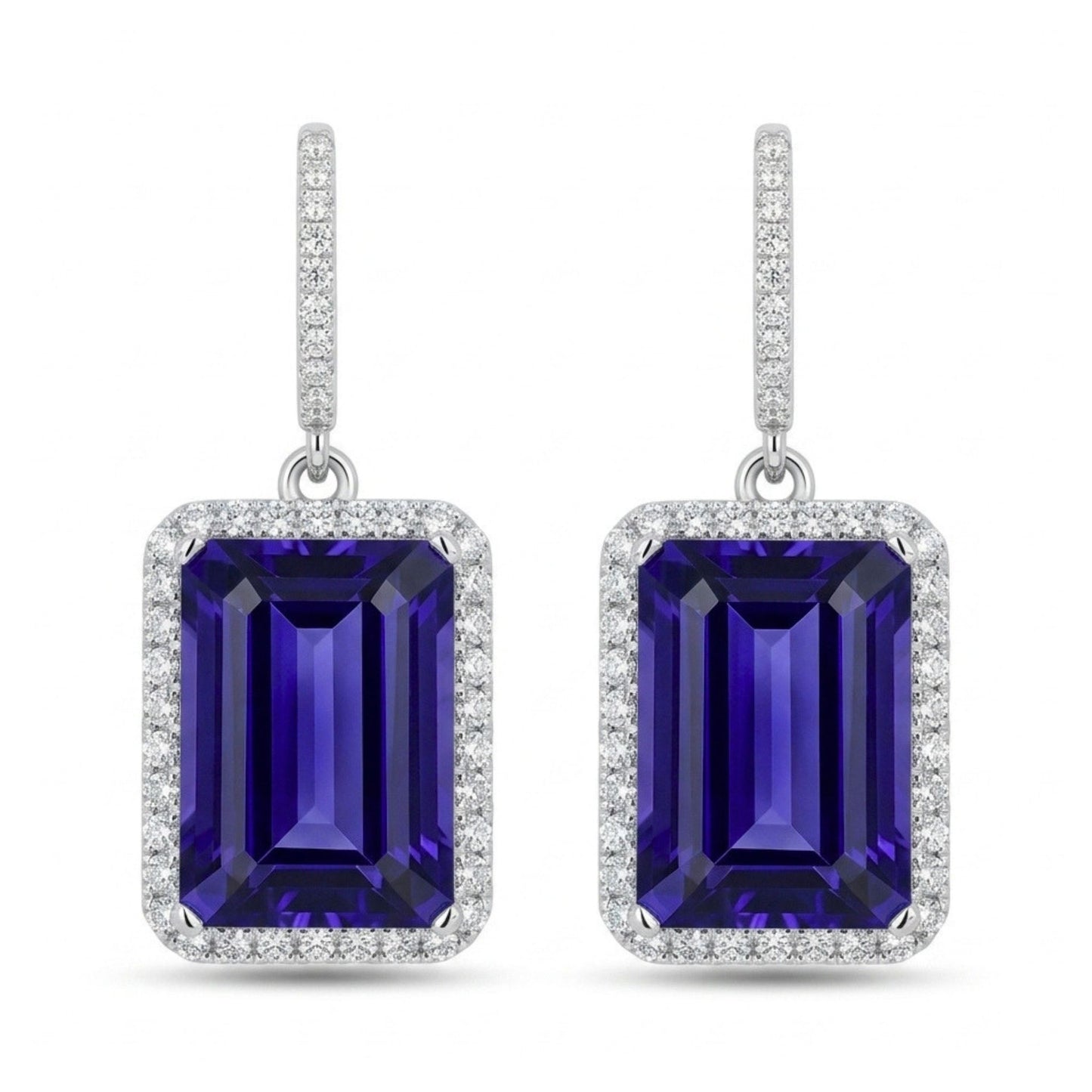 18K 26.64cttw Emerald Cut Blue Wing Tanzanite 1.43cttw VS White Diamonds Drop Earrings