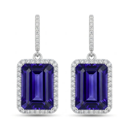 18K 26.64cttw Emerald Cut Blue Wing Tanzanite 1.43cttw VS White Diamonds Drop Earrings