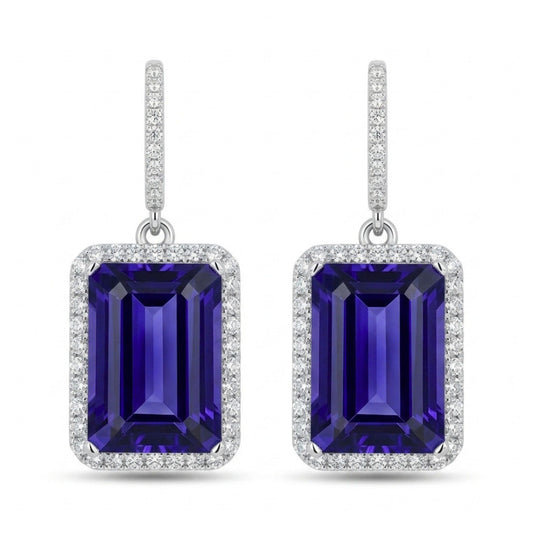 18K 26.64cttw Emerald Cut Blue Wing Tanzanite 1.43cttw VS White Diamonds Drop Earrings