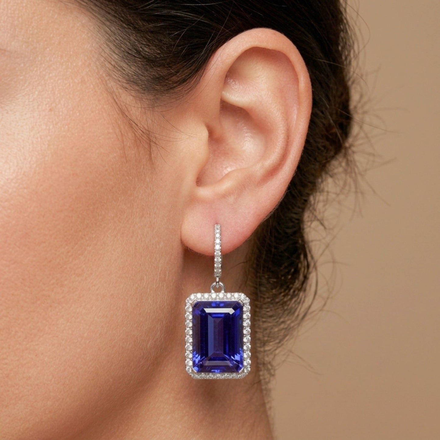 18K 26.64cttw Emerald Cut Blue Wing Tanzanite 1.43cttw VS White Diamonds Drop Earrings