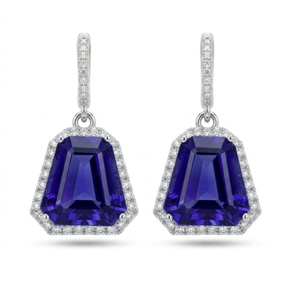 18K 13.70cttw Fancy Cut Blue Wing Tanzanite 0.85cttw VS White Diamonds Drop Earrings