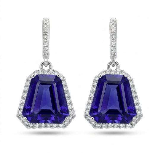 18K 13.70cttw Fancy Cut Blue Wing Tanzanite 0.85cttw VS White Diamonds Drop Earrings