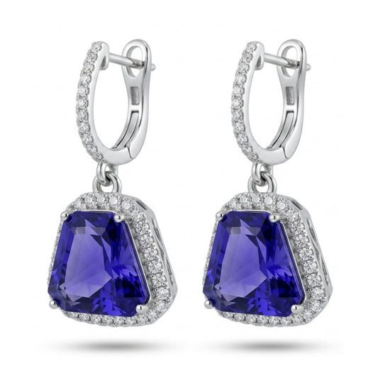 18K 13.70cttw Fancy Cut Blue Wing Tanzanite 0.85cttw VS White Diamonds Drop Earrings