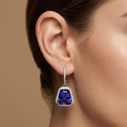 18K 13.70cttw Fancy Cut Blue Wing Tanzanite 0.85cttw VS White Diamonds Drop Earrings