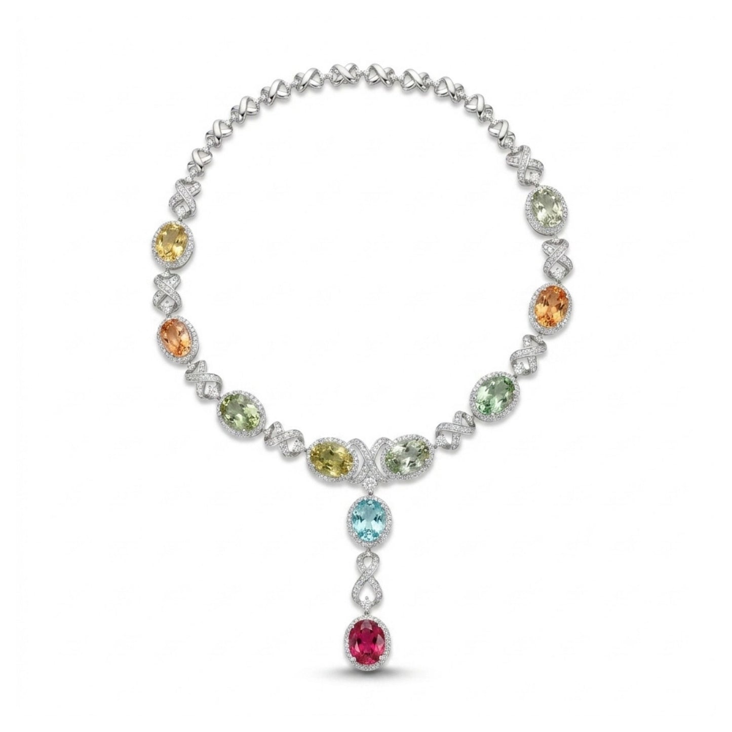 18K 96.81cttw Oval Multi-Color Tourmaline 9.15cttw White Diamonds Necklace