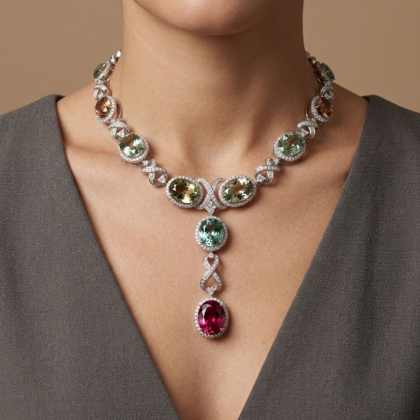 18K 96.81cttw Oval Multi-Color Tourmaline 9.15cttw White Diamonds Necklace