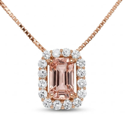 18K 1.03ct Emerald Cut Unheated Padparadscha 0.30cttw White Diamonds Necklace GIA #6445945083