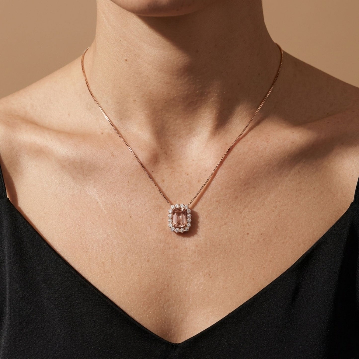 18K 1.03ct Emerald Cut Unheated Padparadscha 0.30cttw White Diamonds Necklace GIA #6445945083