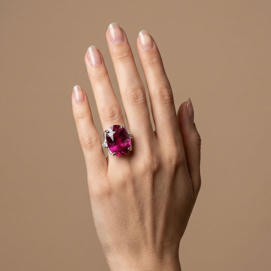 14K 12.30ct Oval Private Collection Copper Bearing Tourmaline 0.93cttw VS White Diamonds Ring