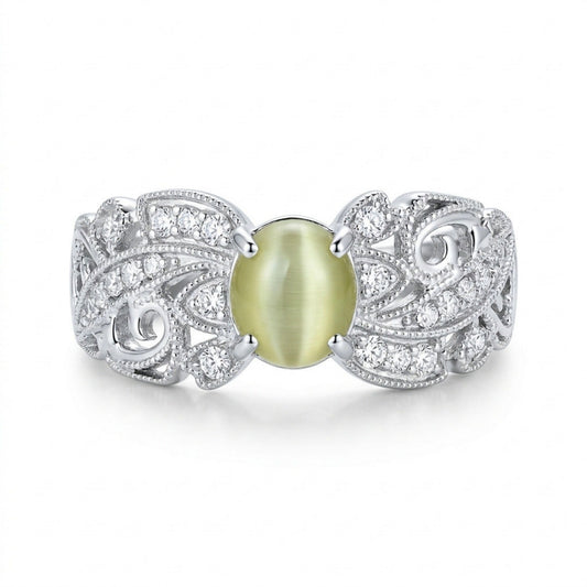 14K 1.26ct Oval Cat's Eye Chrysoberyl 0.21cttw VS White Diamonds Ring