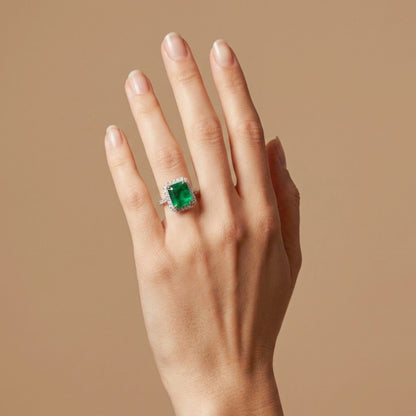 14K 5.74ct Emerald Cut Zambian Emerald 0.71cttw VS White Diamonds Ring