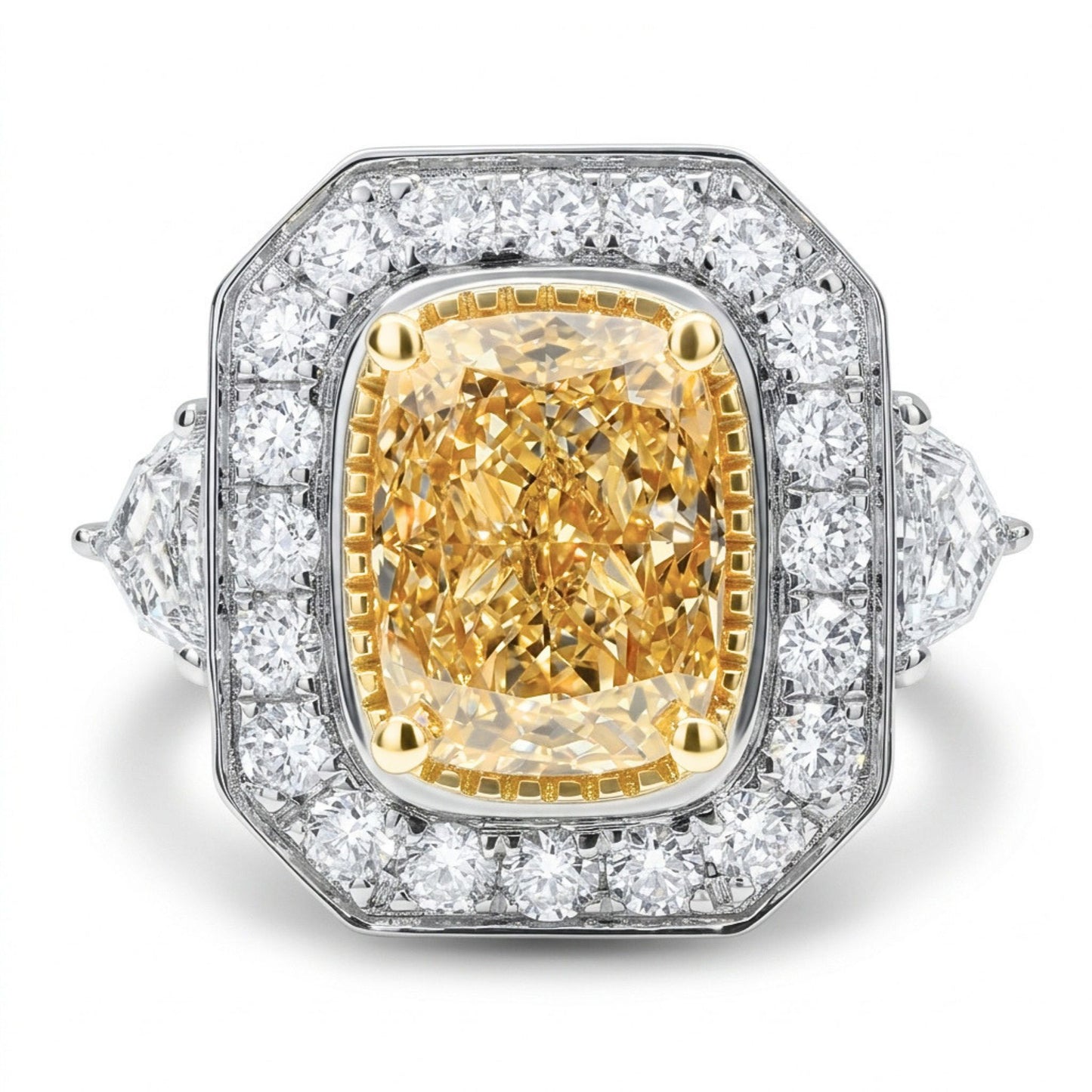 18K 3.02ct Cushion VS Yellow Diamond 1.26cttw Fancy Cut & Round VS White Diamonds Ring