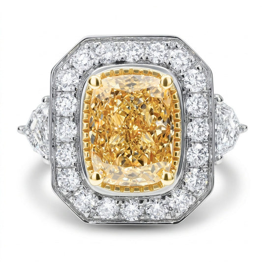 18K 3.02ct Cushion VS Yellow Diamond 1.26cttw Fancy Cut & Round VS White Diamonds Ring