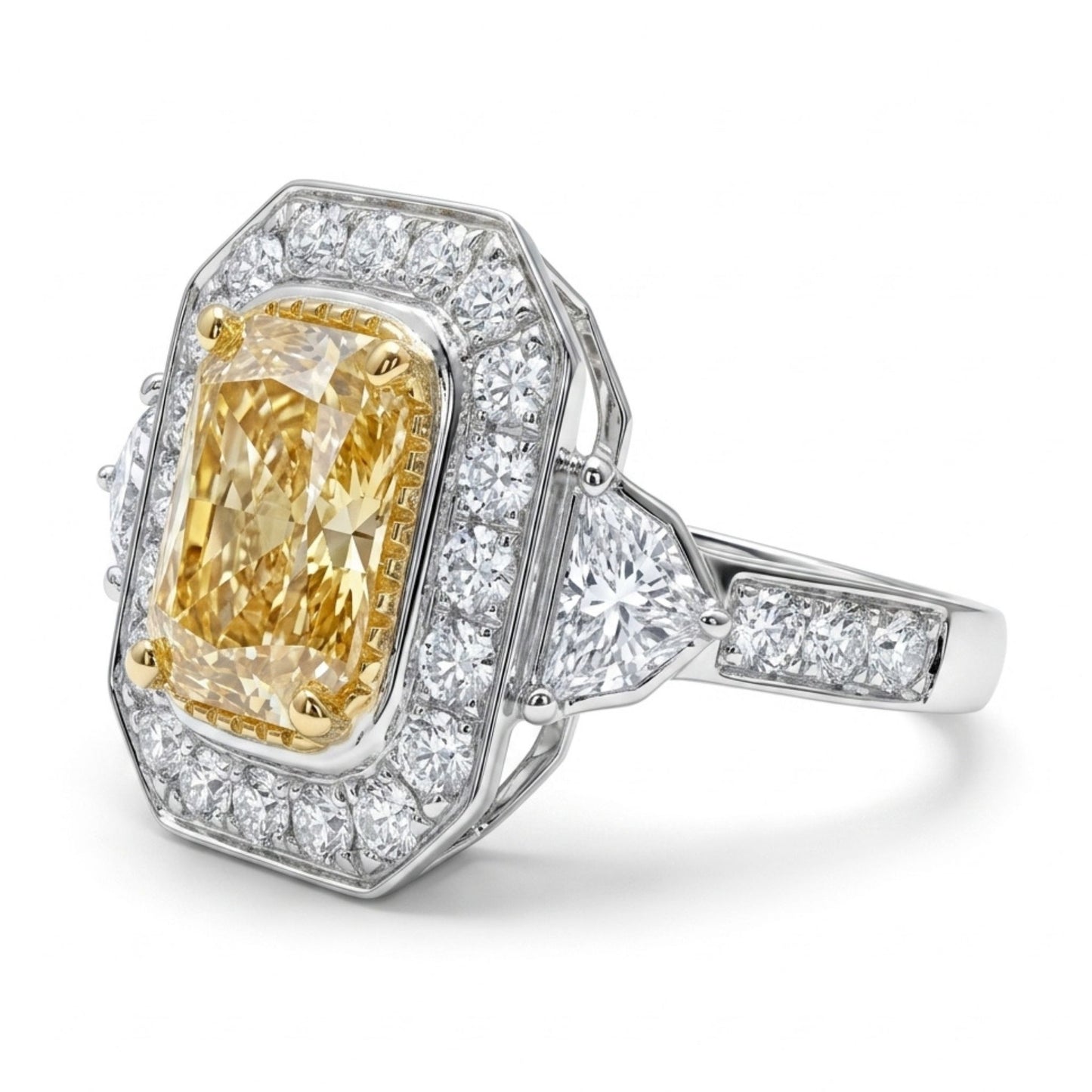 18K 3.02ct Cushion VS Yellow Diamond 1.26cttw Fancy Cut & Round VS White Diamonds Ring