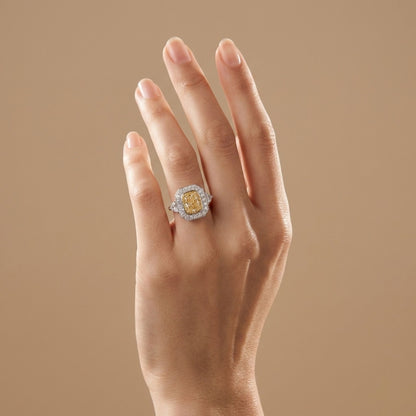 18K 3.02ct Cushion VS Yellow Diamond 1.26cttw Fancy Cut & Round VS White Diamonds Ring