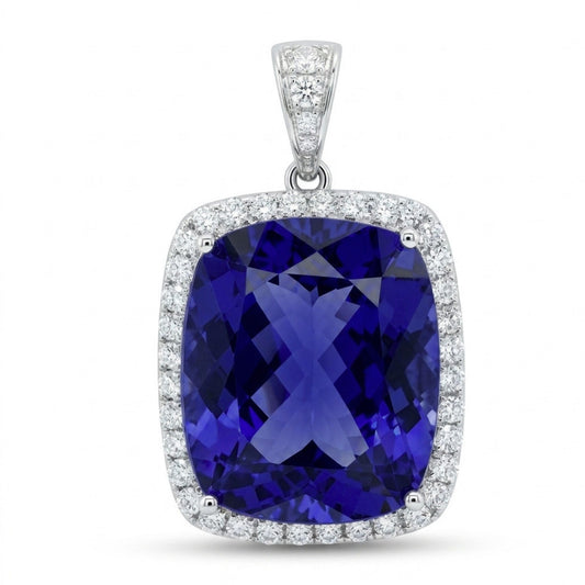 18K 22.95ct Cushion Blue Wing Tanzanite 0.89cttw VS White Diamonds Pendant