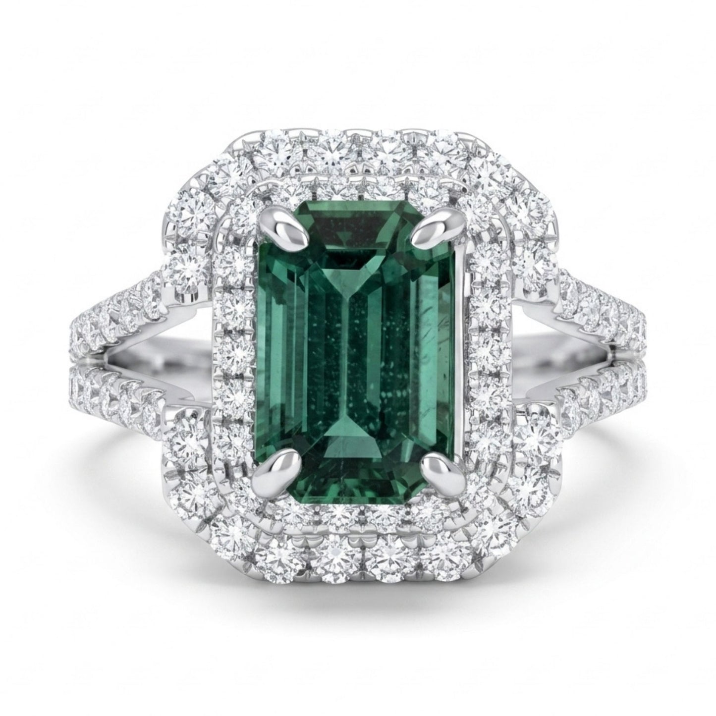 14K 1.56ct Emerald Cut Unheated Green Zoisite 0.82cttw VS White Diamonds Ring