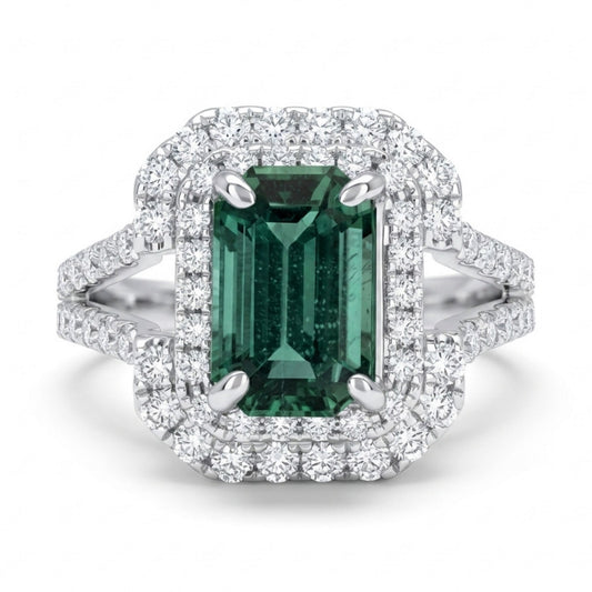 14K 1.56ct Emerald Cut Unheated Green Zoisite 0.82cttw VS White Diamonds Ring