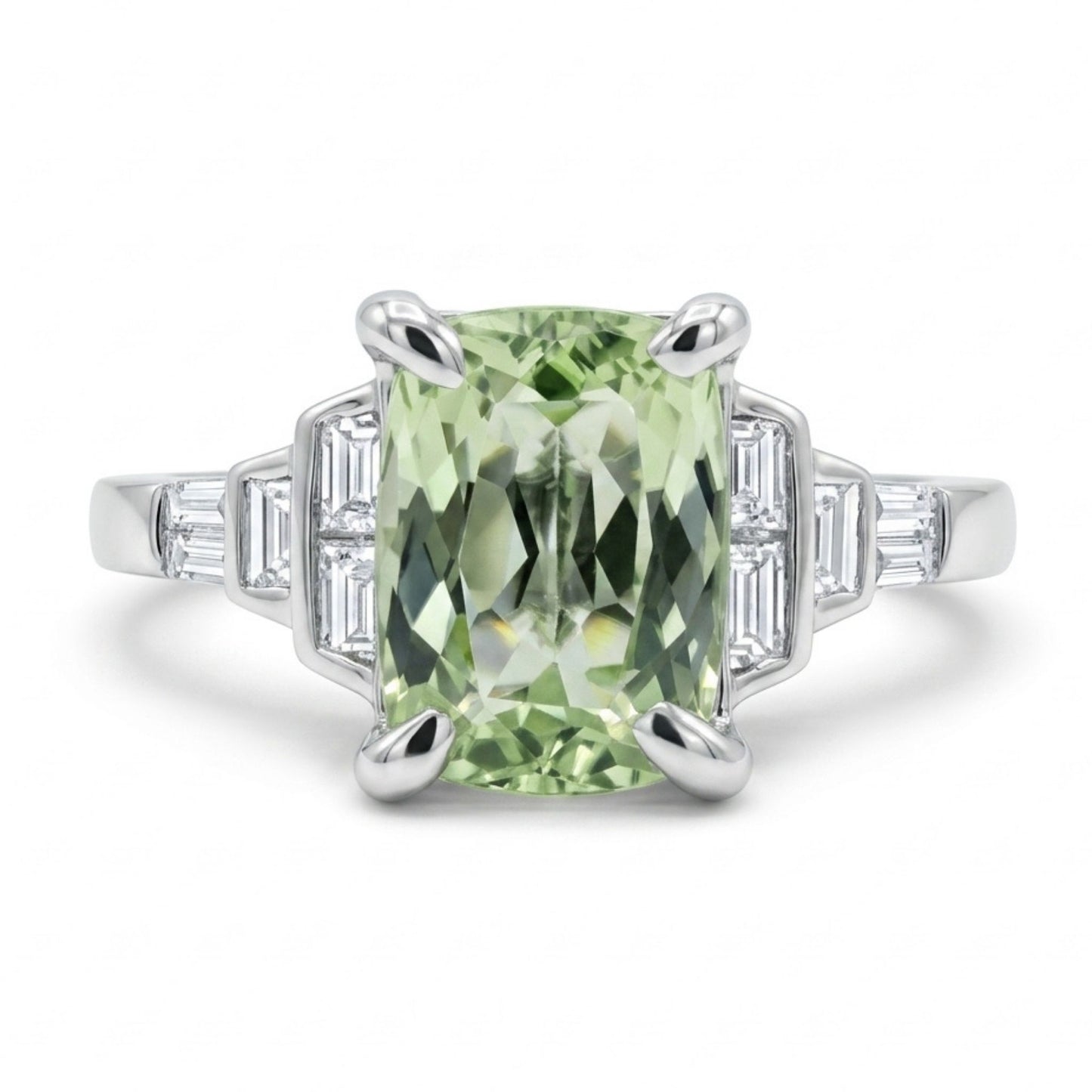 18K 1.65ct Cushion Unheated Apple Green Zoisite 0.29cttw VS White Diamonds Ring
