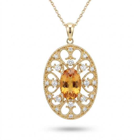 18K 1.56ct Oval Yellow Sapphire 0.24cttw White Diamonds Necklace