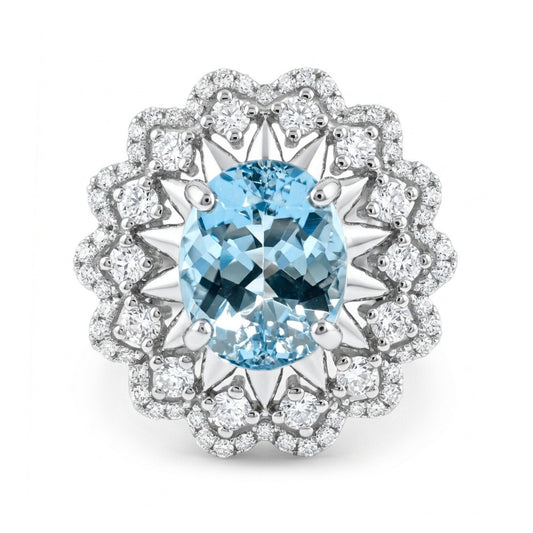 14K 2.70ct Oval Santa Maria Aquamarine 0.77cttw VS White Diamonds Ring