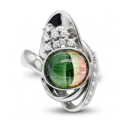 Platinum 3.26ct Oval Cabochon Bi-color Tourmaline 0.15cttw White Diamonds Ring
