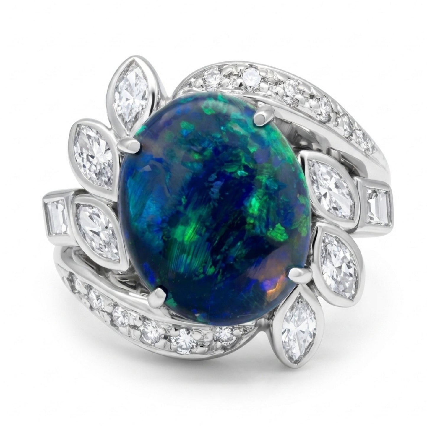 Platinum 1.91ct Oval Black Opal 0.78cttw White Diamonds Ring