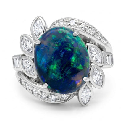 Platinum 1.91ct Oval Black Opal 0.78cttw White Diamonds Ring
