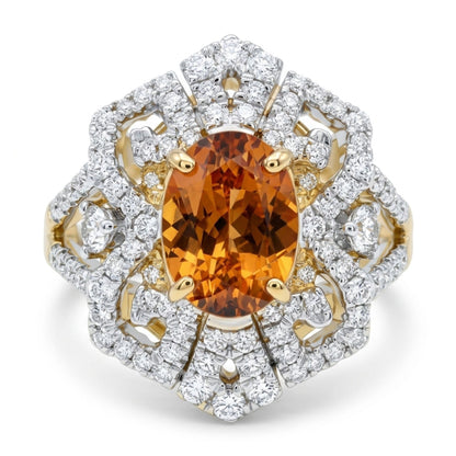 14K 1.60ct Oval Mandarin Garnet 0.58cttw VS White Diamonds Ring