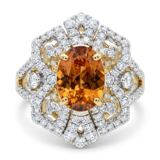 14K 1.60ct Oval Mandarin Garnet 0.58cttw VS White Diamonds Ring