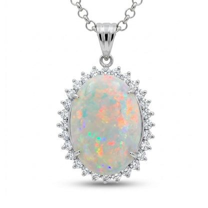 Platinum 4.24ct Oval Australian Opal 0.56cttw White Diamonds Necklace