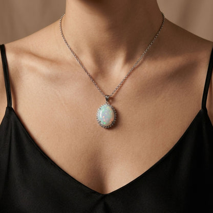 Platinum 4.24ct Oval Australian Opal 0.56cttw White Diamonds Necklace