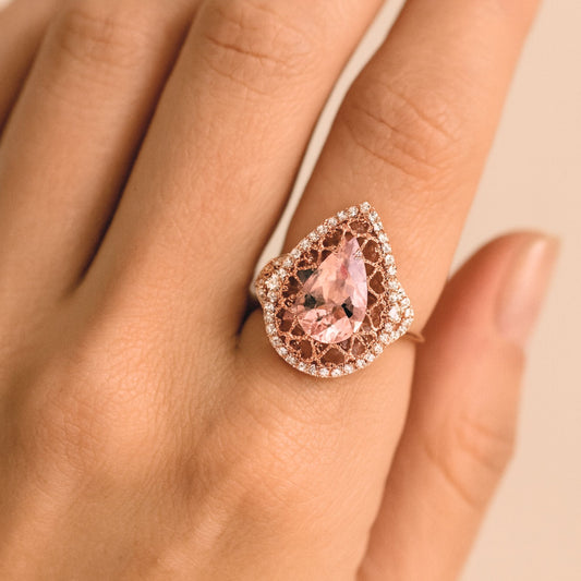 14K 3.07ct Pear Shape Pink Morganite 0.46cttw VS White Diamonds Ring
