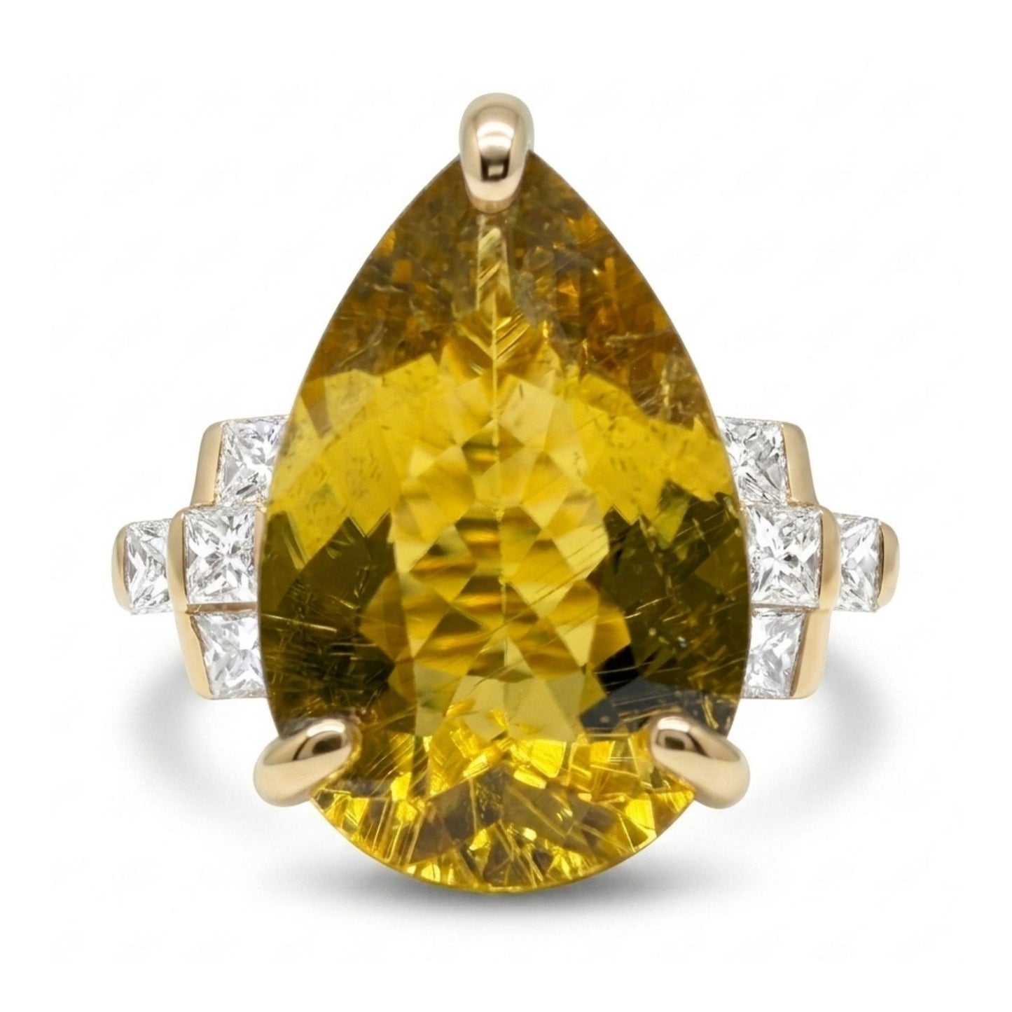 14K 4.77ct Pear Shape Yellow Congo Tourmaline 0.37cttw VS White Diamonds Ring