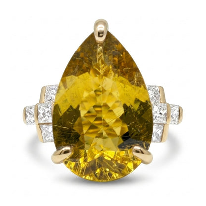 14K 4.77ct Pear Shape Yellow Congo Tourmaline 0.37cttw VS White Diamonds Ring